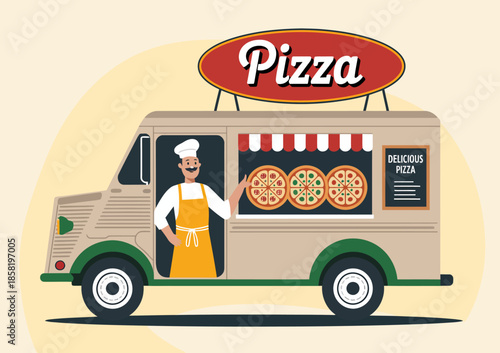 A lively pizza food truck with a cheerful chef, showcasing fresh pizza varieties, representing the joy of food and community gathering in a colorful, engaging manner.