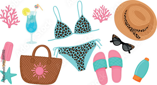Summer beach vacation illustration set with bikini, hat, sunglasses, bag, sandals, drinks, and seaside elements in colorful flat style for holiday designs