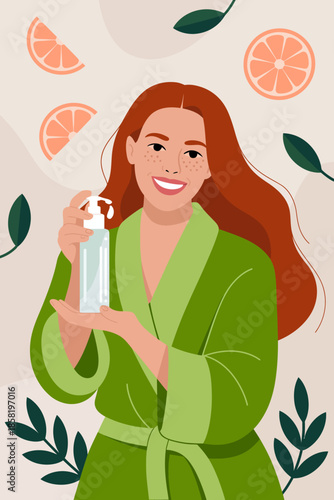 A woman in a cozy green robe joyfully holds a bottle, embodying self-care and wellness while radiating beauty and confidence against a backdrop of fresh elements.