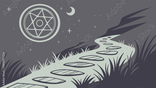 Mystical Stepping Stone Path Leading Uphill Under Esoteric Hexagram Star Symbol Night Sky Spiritual Journey Vector Illustration