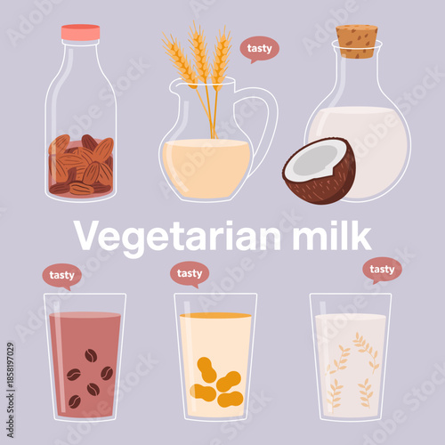 This vibrant image displays various types of vegetarian milk, showcasing their diversity and appeal, making it perfect for promoting plant-based dietary choices.