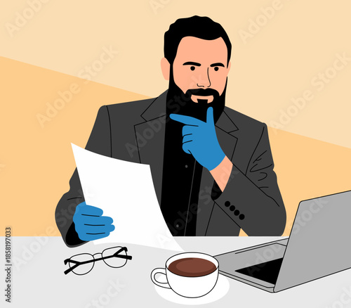 A thoughtful man in formal attire examines documents while seated at a desk with a laptop and coffee cup, emphasizing focus and productivity in a professional environment.