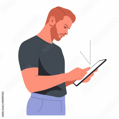A young man with a beard is deeply focused on his tablet device, representing the essence of modern technology, communication, and the digital lifestyle in today's world.