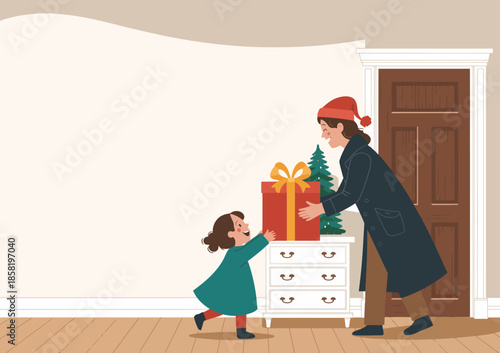 A heartwarming scene depicting a child excitedly receiving a beautifully wrapped gift from an adult, creating a joyful and festive atmosphere in the home environment.