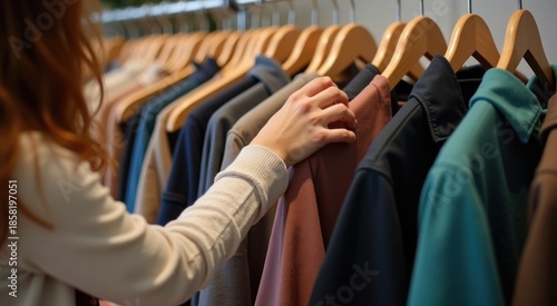 Woman looking at a rack of clothes in a clothing store