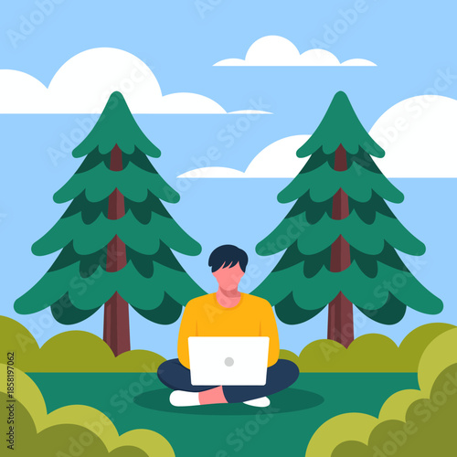 This image captures a person working remotely in a serene outdoor setting, blending technology with nature, showing the freedom and tranquility of a flexible lifestyle.