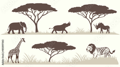 African Safari Wildlife Silhouettes Vector Set Elephant Lion Giraffe Rhino Acacia Trees Graphic Design Elements for Travel and Nature Logos