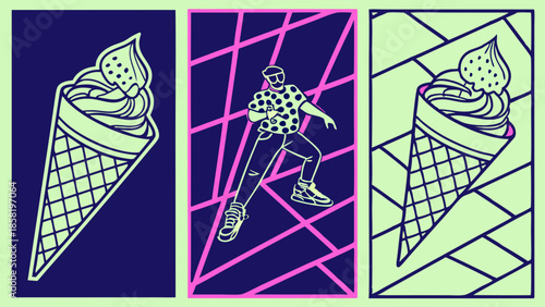 Vibrant Vaporwave Triptych Poster Set Dynamic Man and Ice Cream Neon Line Art Retro 80s 90s Style Graphic Design