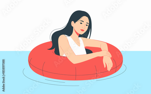 A serene young woman enjoys a day in the pool, floating on a vibrant red tube, embodying relaxation and summer fun, perfect for lifestyle and wellness themes.