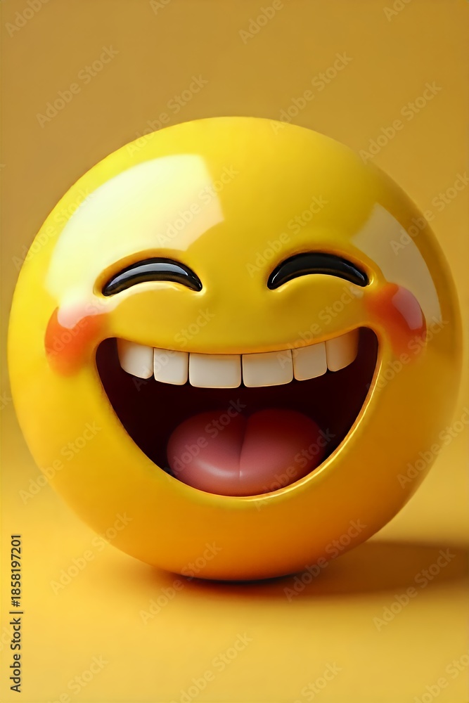 Fototapeta premium Smiling emoji in vibrant yellow with red cheeks and open mouth