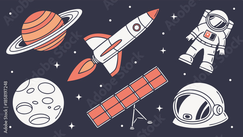 Outer Space Adventure Icons Rocket Launch Astronaut Suit Saturn Planet Moon Science Exploration Graphics