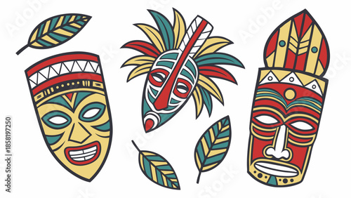 Vibrant African Tribal Masks Vector Illustration Set Ancient Ethnic Culture Decoration Tropical Design Elements