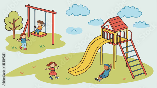 Joyful Kids Playing Outdoors on Playground Swing Set and Slide Vector Illustration Childhood Fun.