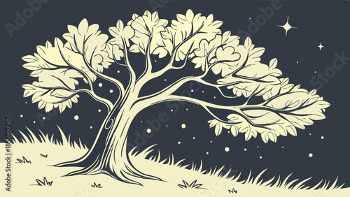 Mystical Night Oak Tree Woodcut Illustration Serene Nature Landscape Graphic Design Element for Storytelling and Fantasy Publishing