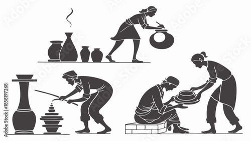 Traditional Pottery Making Process Artisans Shaping Firing and Decorating Ceramic Vases Ancient Craftsmanship Skill Manual Labor Manufacturing History Illustration