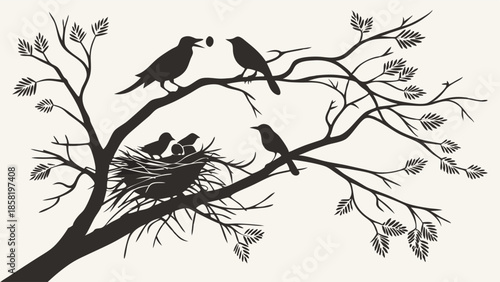 Nurturing Bird Family Silhouette Feeding Chicks in Nest Parental Care and Teamwork Graphic Design Element