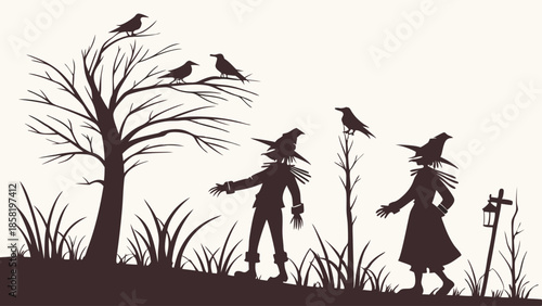 Spooky Halloween Silhouette of Two Scarecrows and Crows Standing in a Rural Field Autumn Farm Scene Decoration.
