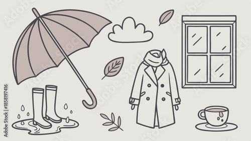 Minimalist Outline Autumn Season Vector Set Rainy Day Hygge Elements Umbrella Rain Boots Coat Hot Tea and Window Graphic Design
