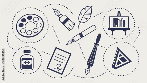 Creative Process Diagram Connecting Graphic Design Tools Writing Instruments and Fine Art Supplies for Education and Content Development