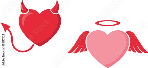 Angel and devil heart illustration set with wings, halo, and horns in flat minimal style for love concepts, romance themes, and symbolic design projects