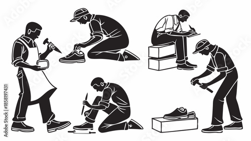 Shoemakers Repairing Shoes Graphic Illustration Set Traditional Cobbler Craftsmanship and Manual Production