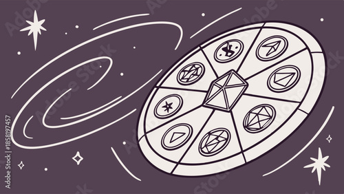 Esoteric Cosmic Wheel Diagram Floating In Space Minimalist Line Art Illustration Of Celestial Mechanism And Astrological Symbols