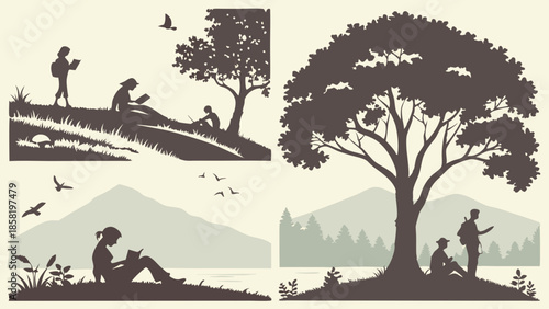 Peaceful Outdoor Reading and Hiking Silhouettes Vector Set Nature Landscape Graphic Elements for Wellness and Travel Design