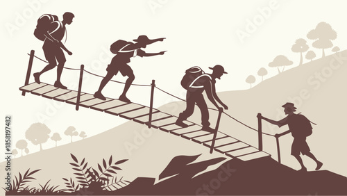 Silhouette of Adventurers Crossing a Difficult Wooden Bridge Uphill Teamwork Progress and Overcoming Business Challenges Journey Motivation