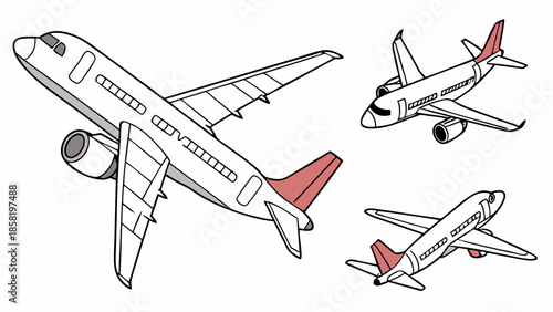 Commercial Jet Airplane Isometric Outline Illustration Set for Aviation Travel and Global Logistics Infographics
