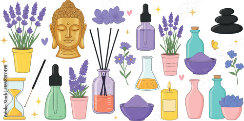 Lavender spa and wellness illustration set with aromatherapy oils, Buddha statue, flowers, candles, bottles, and relaxation elements in colorful hand drawn style