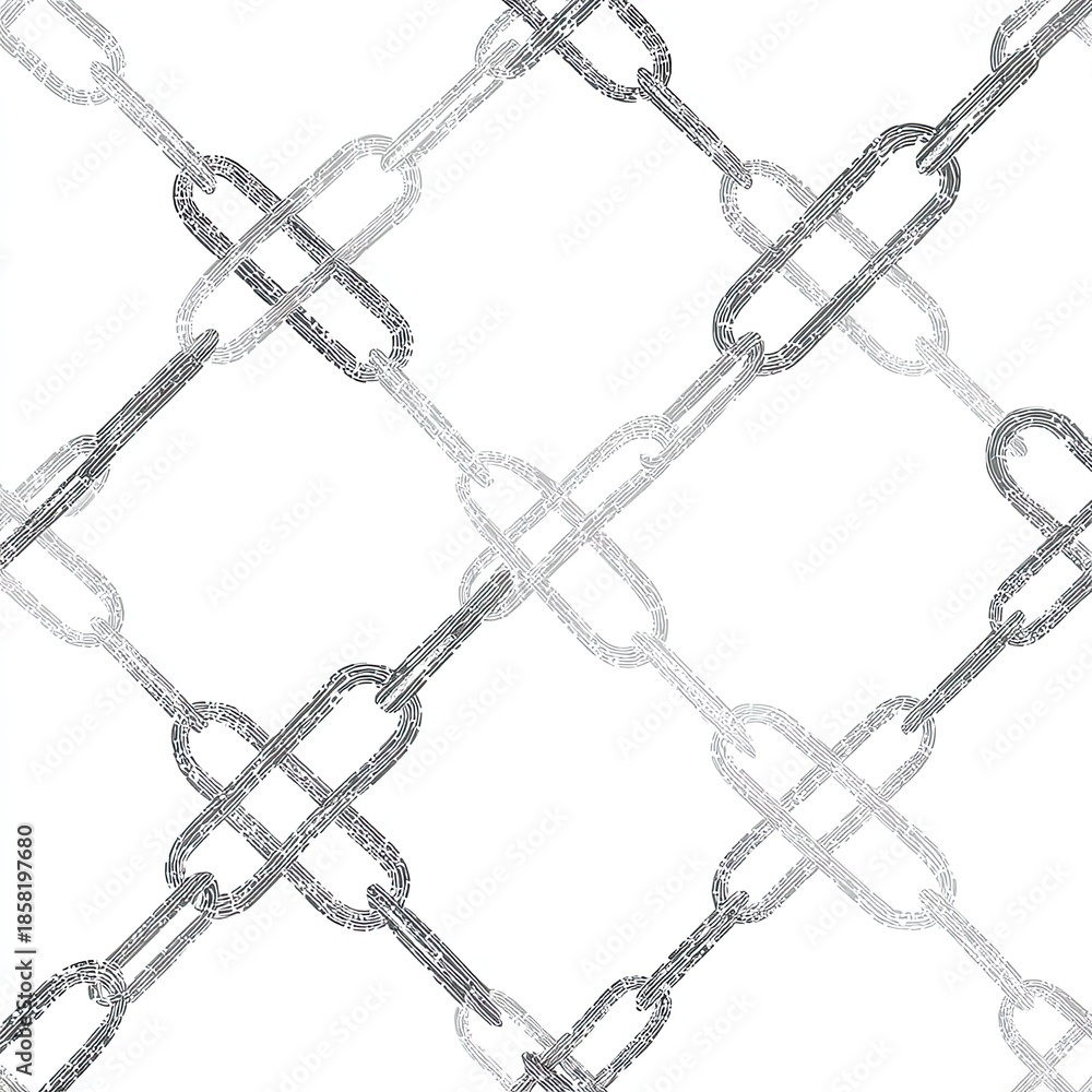 Fototapeta premium Gray chain links form a diamond grid pattern on a white background, appearing simple