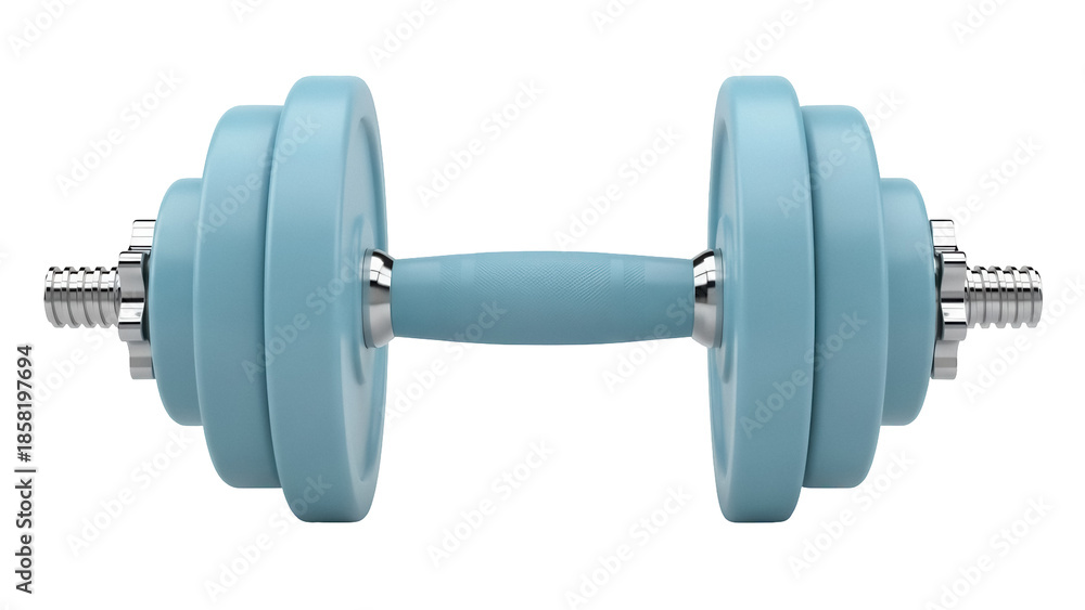Fototapeta premium Light blue dumbbell isolated PNG, fitness equipment for strength training and exercise on transparent background