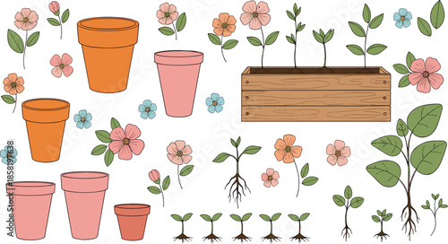 Plant growth and gardening illustration set with flower pots, seedlings, roots, and blooming flowers in hand drawn flat style for education and nature designs