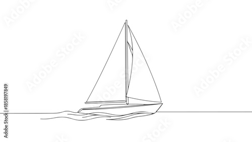 A serene sailboat glides across the calm waters, depicted in a continuous one line vector illustration art