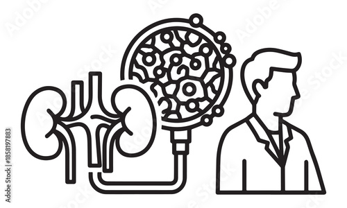 Medical illustration of human kidneys connected to a dialysis machine and doctor