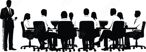 Business meeting silhouette of corporate team at conference table with leader giving presentation to group of employees, cad drawing flat vector illustration