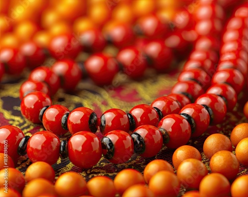 Close-up of glossy red beads on a necklace, blurred in front of a patterned background