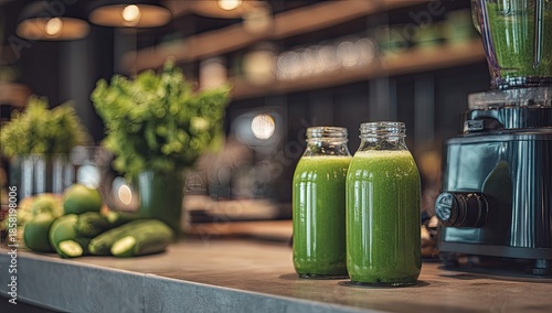Bright, inviting kitchen scene showcases green juice in glass bottles with fresh produce