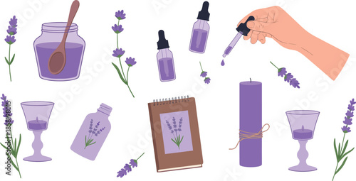 Lavender aromatherapy illustration set with essential oil bottles, candles, flowers, notebook, and hand applying oil in soft flat style for spa and wellness designs