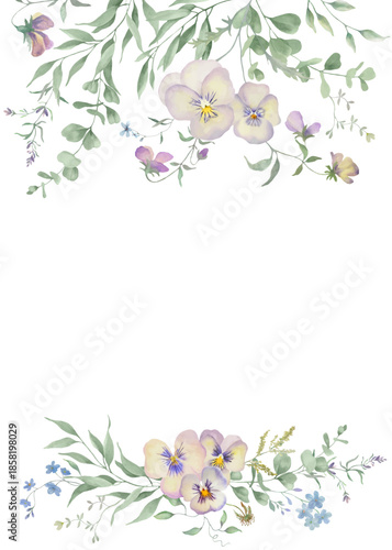 
Watercolor pansies and viola wildflowers floral frame. Botanical background. Hand drawn illustration. Vector EPS.
