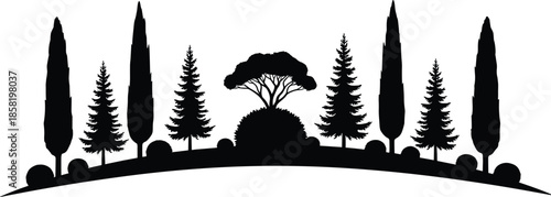 Panoramic nature landscape silhouette with row of cypress, pine and fir trees on curved horizon, cad drawing flat vector illustration