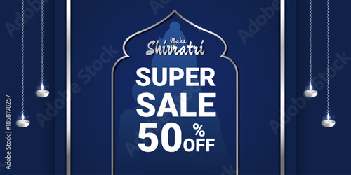 Maha Shivratri super Sale banner with Shiva silhouette, temple arch, lamps and blue background. Horizontal vector illustration for Hindu celebration, holiday promotion