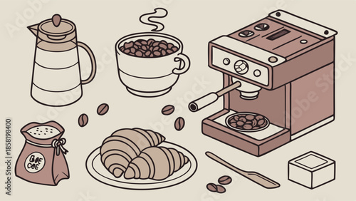 Isometric Coffee And Croissant Breakfast Illustration Espresso Machine Cafe Menu Design Morning Routine Line Art Drawing