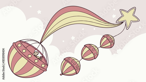 Whimsical Hot Air Balloon Pilot Reaching Golden Star Goal Success Achievement Dream Journey Illustration in Pink Sky.