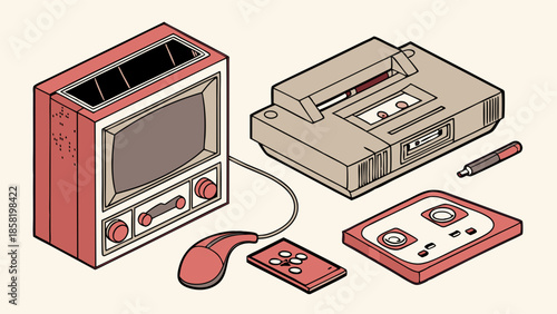 Vintage Isometric Computer Setup Illustration Retro Toaster TV Monitor Cassette Player and Gaming Accessories Design