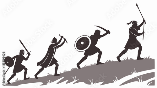 Determined Warrior Silhouettes Charging Uphill Progress Ambition and Teamwork Business Challenge Motivation Leadership Success Vector