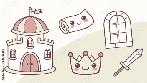 Cute Kawaii Hand Drawn Fantasy Icon Set Castle Crown Sword Scroll Window Elements Childish Doodle Vector Illustration for Kids Game Design and Education
