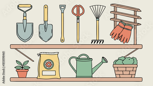 Home Gardening Equipment Shelf Display Vector Illustration Spring Planting Supplies Shovel Rake Watering Can Gloves Fertilizer Bag Hobby Tools