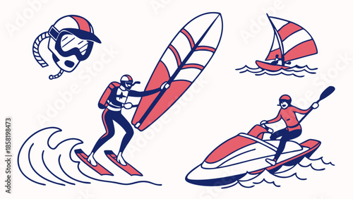 Active Summer Water Sports Line Art Collection Surfing Sailing Jet Skiing Ocean Recreation and Adventure Elements
