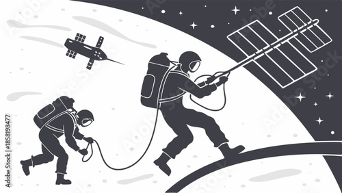 Space Mission Astronauts Performing Spacewalk Maintenance on Satellite Solar Array Engineering Technology Illustration